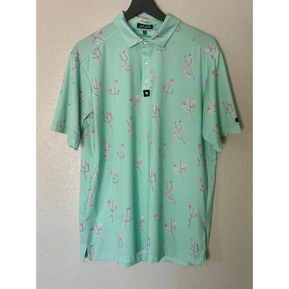 Bad Birdie Mens XL Mint Green Cactus Print‎ Golf Polo Shirt Short Sleeve Stretch